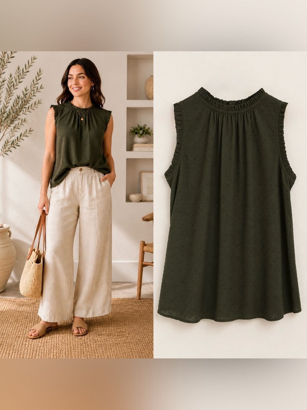 LOFT Olive Green Swiss Dot Sleeveless Ruffle Neck Blouse NWT Medium Petite